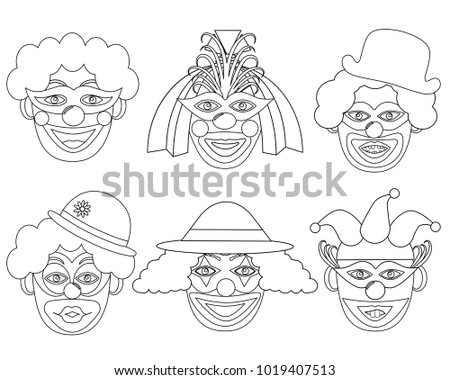 Clown’s  heads in white and black colors, set. Vector illustration.