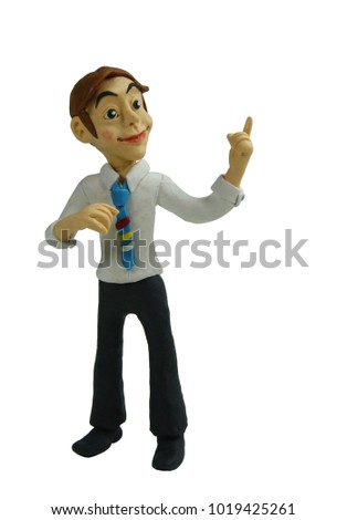Plasticine businessman point his index finger up isolate on white background with clipping path