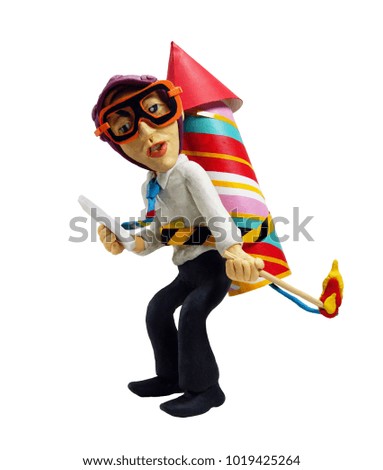 Plasticine businessman wearing glasses launch a rocket business concept isolate on white background with clipping path