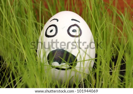 White egg with funny face in green grass