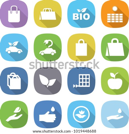 flat vector icon set - shopping bag vector, bio, sun power, eco car, electric, leafs, solar panel, apple, hand leaf, drop, ecology, and