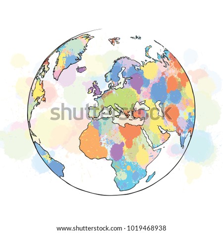 Colorful map europe globe. Hand Drawn Vector Illustration, Paint Splatter Color Isolated on White Background. Business Travel and Tourism Concept with Modern Architecture.