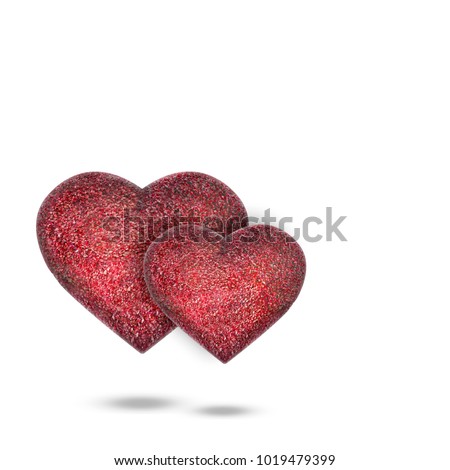 two three-dimensional 3d hearts together of small details of petals beads glitter of sequins hang hovering in the air on a white background isolated shadow separately below