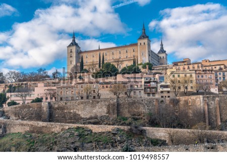 Toledo cityscape, Walls, Alcazar and the city walls. UNESCO world heritage site.
