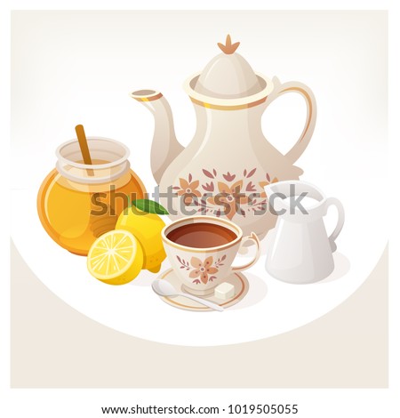 Kettle, cup of tea and additives served on a  table for a refreshing morning cup of tea. Illustration for teaparty invitations.