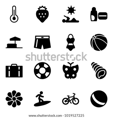 Solid vector icon set - thermometer vector, strawberry, reading, uv cream, inflatable pool, swimsuit, ball, suitcase, lifebuoy, butterfly, shell, flower, surfing, bike