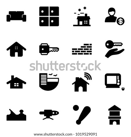 Solid vector icon set - vip waiting area vector, baggage room, house, account, home, key, brick wall, hand, hotel, wireless, monoblock pc, jointer, pipe welding, baseball bat, toy block