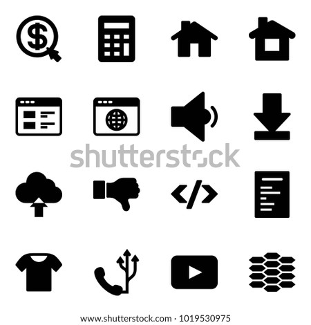 Solid vector icon set - money click vector, calculator, home, website, browser globe, low volume, download, upload cloud, dislike, tag code, document, t shirt, phone, playback, carbon