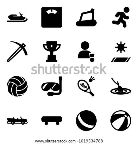Solid vector icon set - snowmobile vector, floor scales, treadmill, run, job, win cup, winner, mat, volleyball, diving, badminton, fishing, cabrio, skateboard, ball, beach