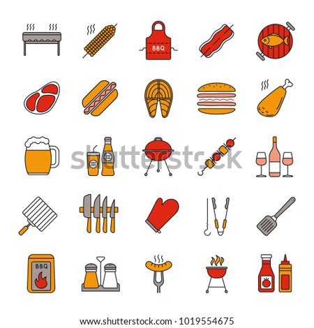 Barbecue color icons set. BBQ. Barbeque grills, food, drinks, kitchen utensils. Isolated vector illustrations