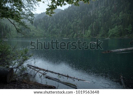 gloomy mountain lake in the forest. The fog hanging over the lake. Photo in cold colors, with a feeling of dampness