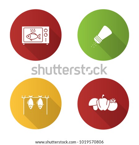 Barbecue flat design long shadow glyph icons set. BBQ. Grilled fish in microwave, salt or pepper shaker, vegetables, stockfish. 
Vector silhouette illustration