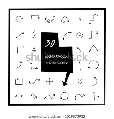 30 hand drawn arrows vector art. Arrow icon isolated. Round, curved, circle arrow sketch vector illustration. Right, left, down, up arrow doodle drawing. Illustrator arrow vector graphic design.