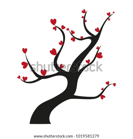 Vector tree with heart shaped leaves. Valentines romantic decorative element. Floral vintage love decoration. Illustration isolated on white.