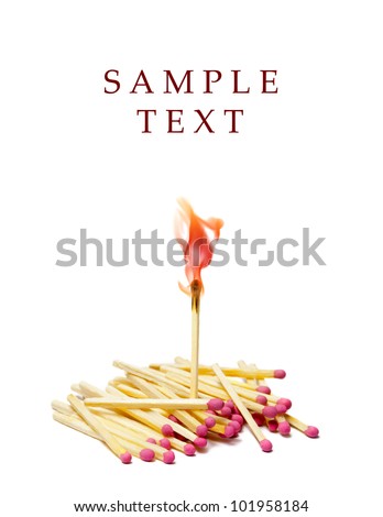 A lot of matches on white isolated background. A match is lit. Royalty-Free Stock Photo #101958184