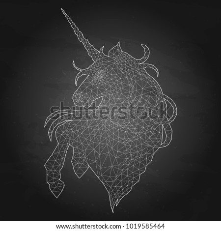 Cute graphic unicorn made of polygonal mesh. Vector fantasy art isolated on the chalkboard