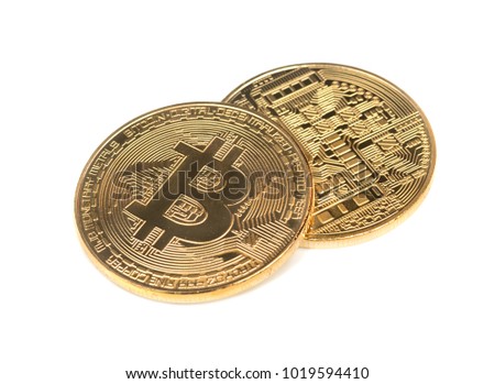 Two gold coins bitcoins on a white background