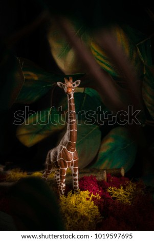 giraffe.forest.leaves.pattern.toy photography.artistic.surreal concept.