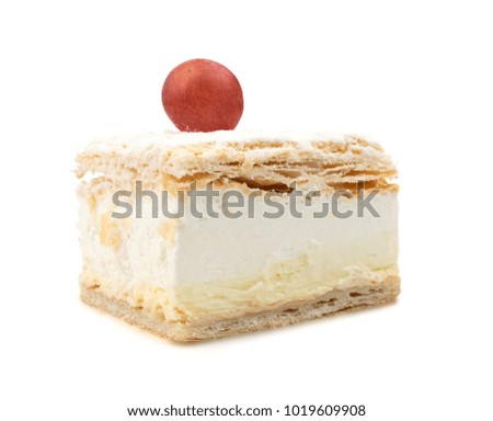 Cake with White Cream Isolated. Puff Pastry and Grape on Top. Clipping Path