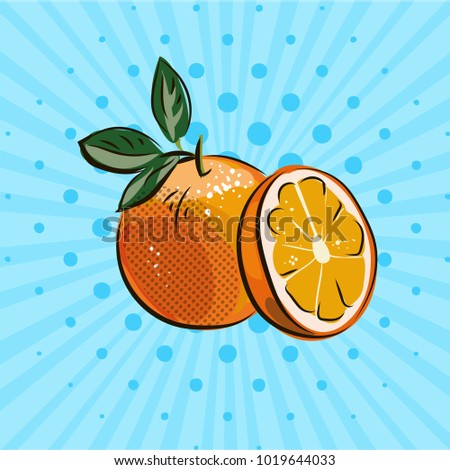 Fresh oranges with green leaves on blue background, hand drawn, food, fruits, eco, vector