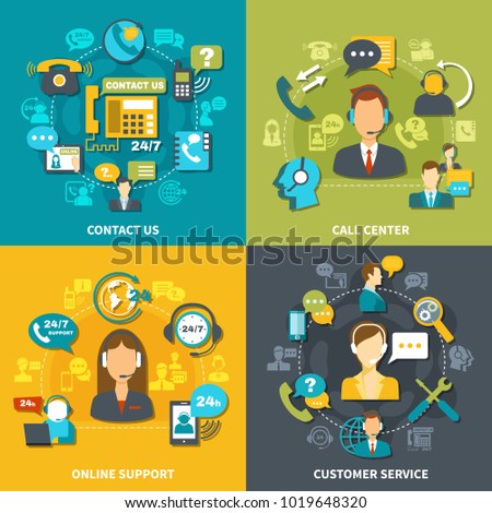 Call center design concept with customer service, online support 24/7, contact us isolated vector illustration 