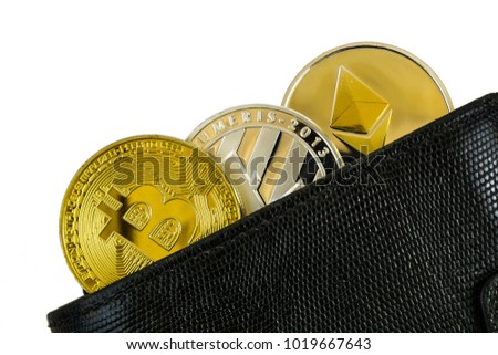 litecoin, bitcoin and ethereum lie in black leather wallet