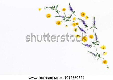Flowers composition. Frame made of yellow, purple flowers and eucalyptus branches on white background. Flat lay, top view, copy space