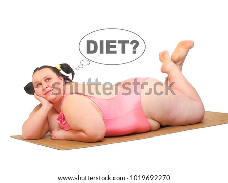 Overweight woman in swimmsuit tanning on the beach. People isolated on white background. Healthy lifestyle, slimming and dieting theme. Weight loss idea. Picture with space for your text. 