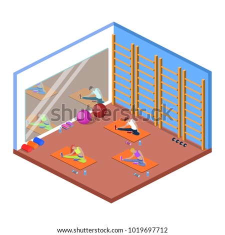 Class yoga and pilates, people are doing sports isometric 3D vector illustration