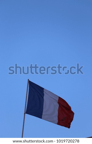 Close up view from bellow of the french flag. Blue, white and red vertical colors. Flag fluttering in the wind with a blue clear sky in background. White pole. Symbol of independence and freedom.
