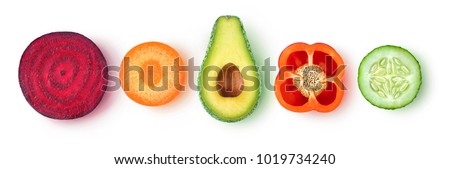 Isolated vegetable pieces. Fresh slices of vegetables (beetroot, carrot, avocado, bell pepper, cucumber) in a row, top view, isolated on white background with clipping path Royalty-Free Stock Photo #1019734240