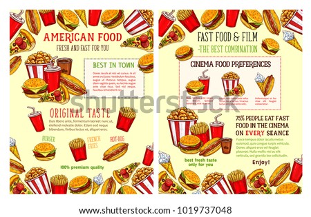 Fast food restaurant and burger cafe poster with lunch menu dishes. Hamburger and hot dog sandwich, pizza, fries, coffee and soda drink, ice cream and popcorn sketch for fast food promo banner design