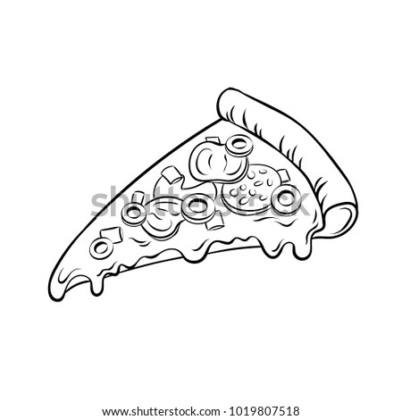Slice of pizza coloring vector illustration. Isolated image on white background. Comic book style imitation.