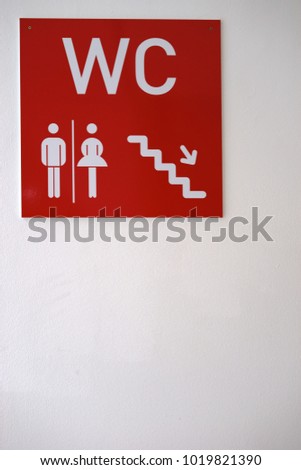 The sign of a toilet center for women and men on a concrete wall.                             