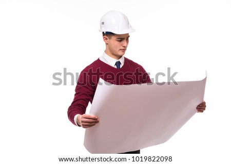 Male Architect Holding Blueprints Over White Background