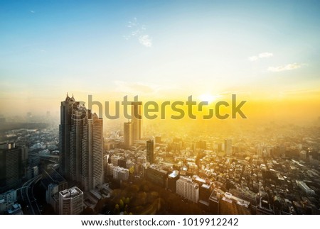 Asia Business concept for real estate and corporate construction - panoramic modern city skyline aerial view of Shinjuku area under sunset in Tokyo, Japan