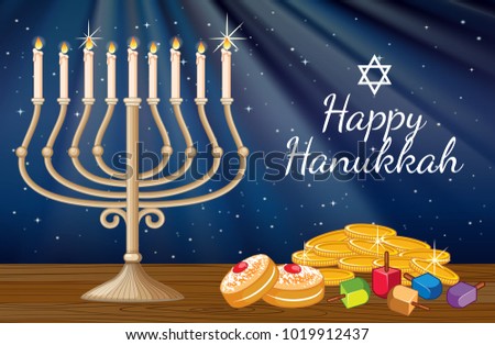 Happy Hanukkah card template with candlelights and decorations illustration