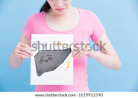 woman take cirrhosis liver billboard on the blue background