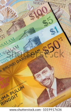 New banknote 50 year The Currency Interchangeability Agreement (the Agreement) between Brunei Darussalam and Singapore. 50 dollar banknote of Brunei with extremely closeup, copy space