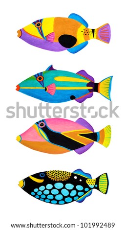 Colorful painting Collection of trigger fishes set.