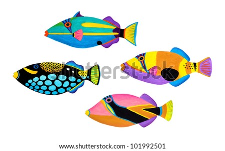 Colorful painting Collection of trigger fishes set.