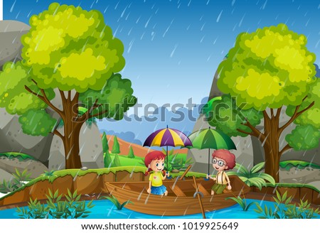 Rainy day with girl and boy in the park illustration