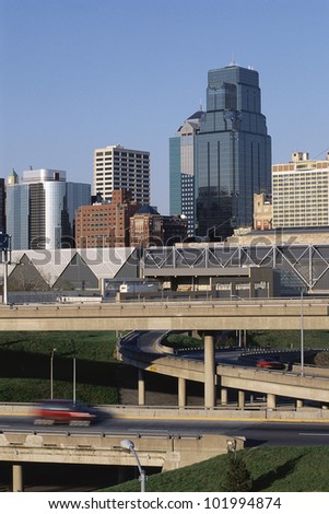 Kansas City skyline beyond freeway