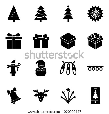 Solid vector icon set - christmas tree vector, firework, gift, santa claus, garland, bell, deer, mobile