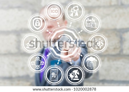 Businessman pressing fingerprint circullar arrows button on a virtual touchscreen. Data Access Secure  Business Finance Industry Construction Digital Computing concept.