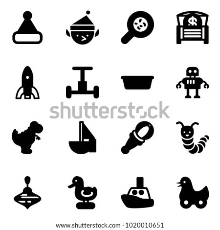 Solid vector icon set - christmas hat vector, elf, bacteria, money chest, rocket, gyroscope, basin, robot, dinosaur toy, sailboat, beanbag, caterpillar, wirligig, duck, boat
