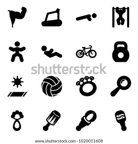 Solid vector icon set - power hand vector, treadmill, push ups, pull, gymnastics, abdominal muscles, bike, weight, mat, volleyball, beanbag
