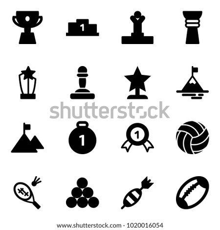 Solid vector icon set - cup vector, pedestal, winner, award, pawn, mountain, gold medal, volleyball, badminton, billiards balls, dart, football