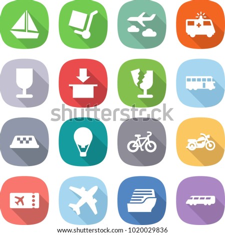 flat vector icon set - boat vector, cargo stoller, journey, ambulance car, fragile, package, broken, bus, taxi, air ballon, bike, motorcycle, ticket, airplane, cruise ship, speed train