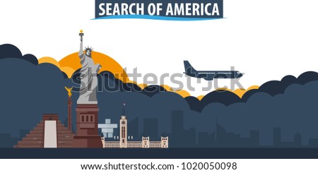 Search of America. Travel and Tourism banner. Clouds and sun with airplane on the background